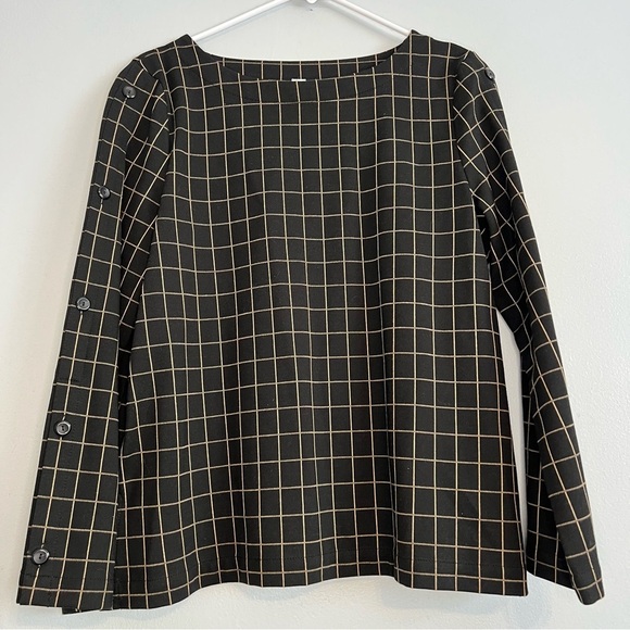 J jill Ponte Knit Windowpane Top Black Camel Boatneck Button Sleeve Size M - Picture 2 of 11